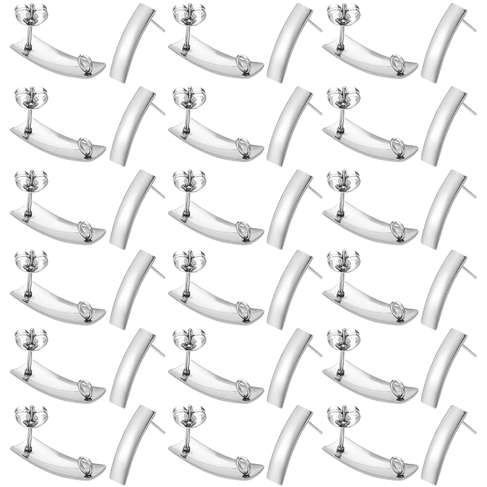 SUNNYCLUE 60Pcs Rectangle Earring Studs Bulk Silver Earring Studs Supplies 304 Stainless Steel Curved Rectangular Bar Earrings Components with Ears Backs for DIY Crafting Accessories jewellery Supply