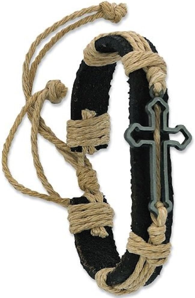 Adjustable Leather and Rope Cross Design Bracelet