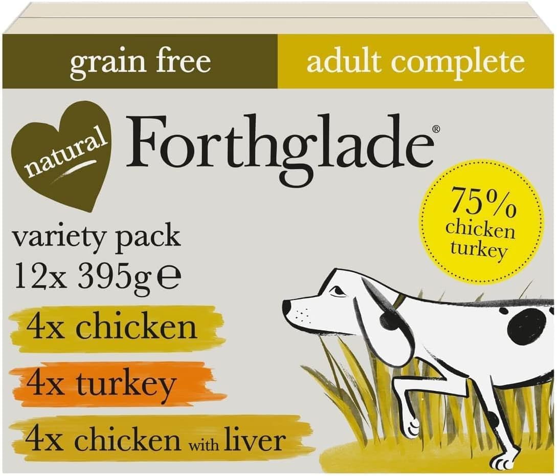 Forthglade Wet Dog Food Variety Pack (12 x 395g Trays) - Grain Free & Hypoallergenic Dog Food, Adult 1 Year+, Chicken, Chicken with Liver & Turkey, Vegetables, Stomach Sensitive, Natural Ingredients
