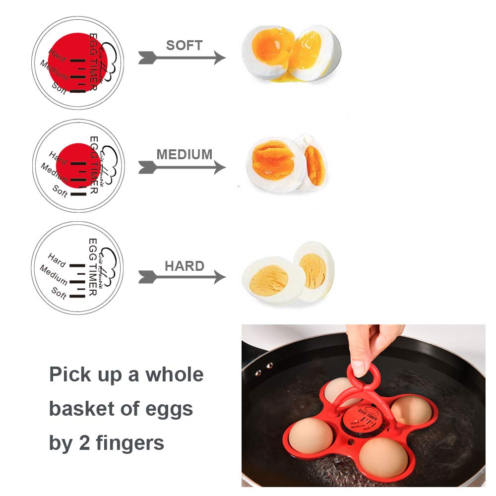 Egg Timer Color Changing, Heat Sensitive Hard Medium Soft Boiled Egg Timer Perfect Indicator Tells When Eggs Are Ready, Egg Boiler With Egg Basket BPA Free Red