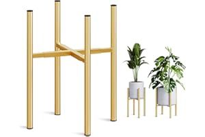 Rioneta Adjustable Metal Plant Stand Indoor, Mid Century Modern Outdoor Planter Holder for 8 to 14 Inch Pots, Heavy Duty 160 LB Load, Corner Floor Stand for Home Garden Decor Golden