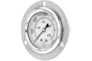PIC Gauges PRO-204L-254S Panel Mount Front Flanged Glycerin Filled Industrial Pressure Gauge w/ SS Case, Brass Internals, Plastic Lens, 2.5" Dial, 0/6000 psi Range, 1/4" Male NPT