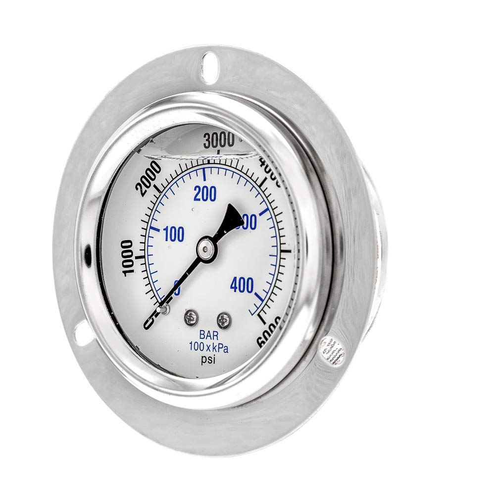 PIC Gauge PRO-204L-254S Glycerin Filled Industrial Front Flanged Panel Mount Pressure Gauge with Stainless Steel Case, Brass Internals, Plastic Lens, 2-1/2" Dial Size, 1/4" Male NPT, 0/6000 psi