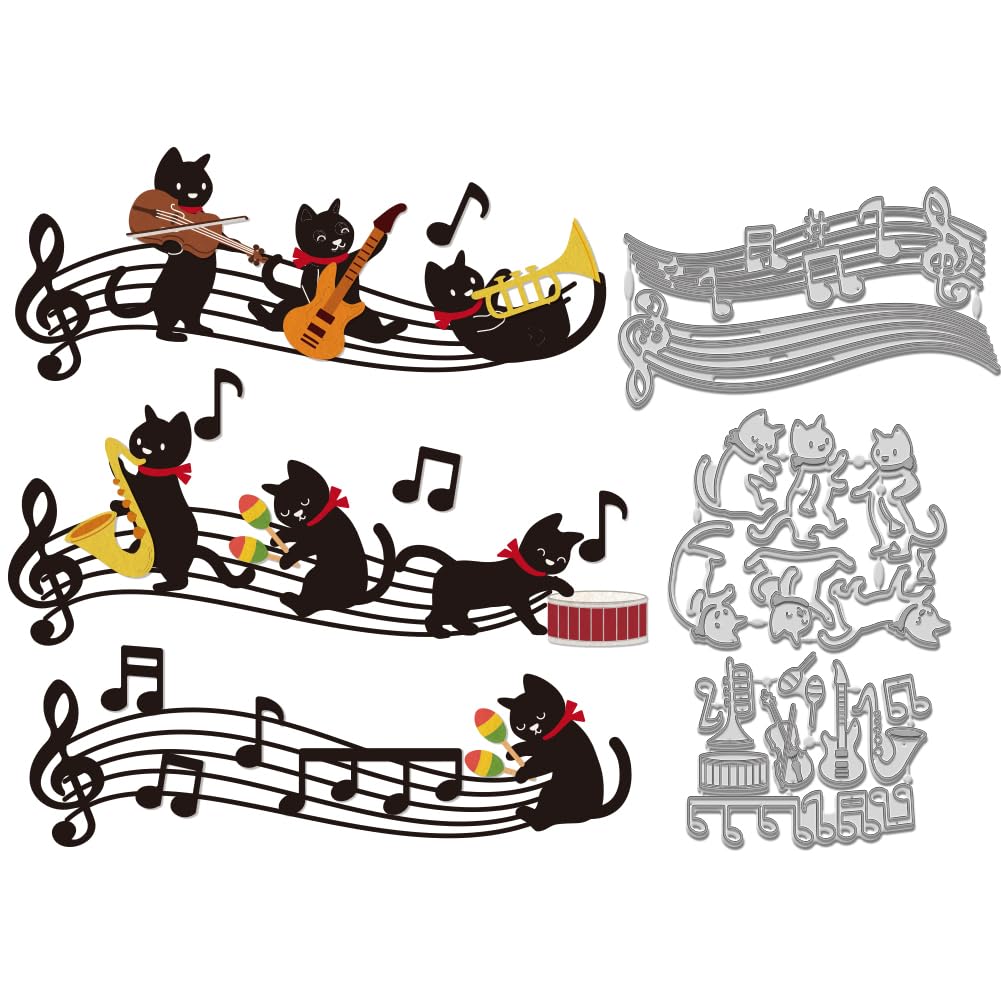 WADORN 3Pcs Music Playing Cat Die Cuts, Musical Cat Metal Cutting Dies Stencils Performance Musical Instrument Animal Carbon Steel Cut Template for DIY Scrapbooking Album Decor Card Making