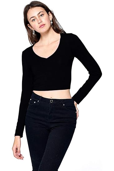 1099 Women's Cotton Basic Sexy Solid V Neck Slim Fit Full Sleeve Saree Readymade Saree Blouse Crop Top T-Shirt for Women