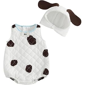 Aifawile Toddler Baby Girl Boy Dog Halloween Costume Quilted Black Spots Sleeveless Vest Top Hooded Dog Romper Cosplay Outfit