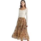 CHICWISH Women Floral Embroidered Tulle Skirt Flared A Line High Elastic Waist Mesh Double-Layered Midi Skirt