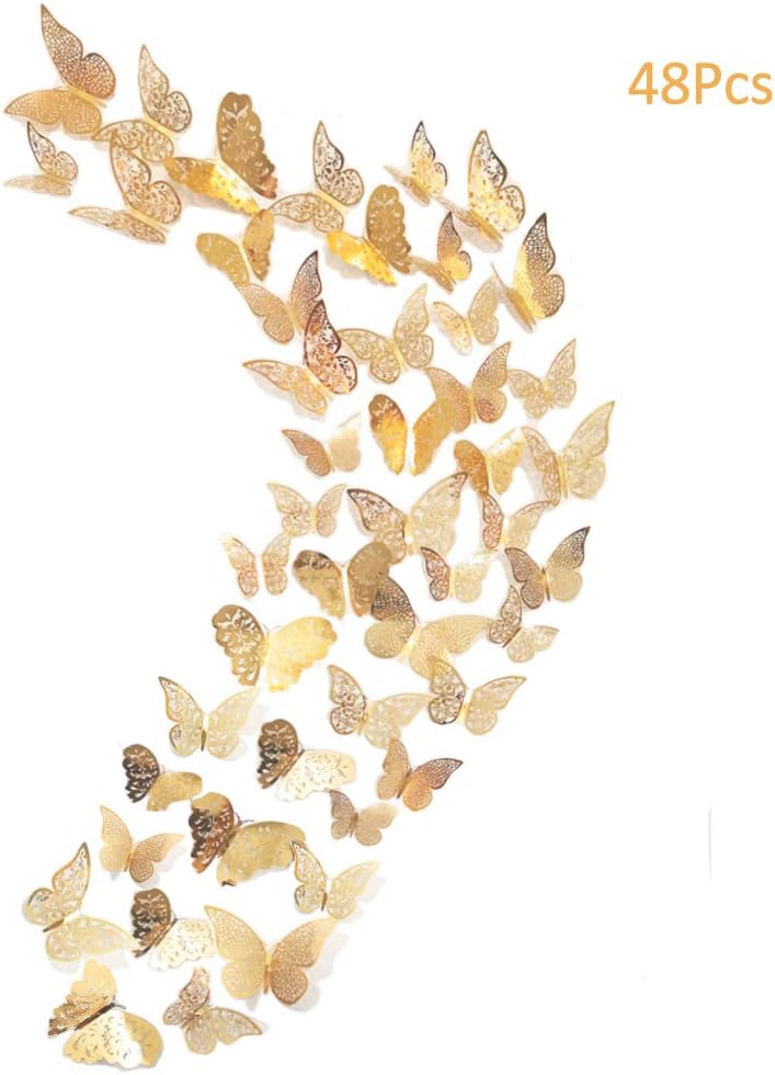 Creatiee 48Pcs Butterfly Decorations, 3D Wall Decals|Metallic Art Sticker, DIY/Handmade/Removable/Pressure Resistance Paper Murals Gift for Home Kids Bedroom Nursey Party Décor (Champagne)