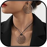 sunglnl Necklace And Earring Sets For Women, Circular Hollow Metal Pendant Vintage Necklaces With Long Chain Bohemian Style Jewelry Gift (Bronze-circle)