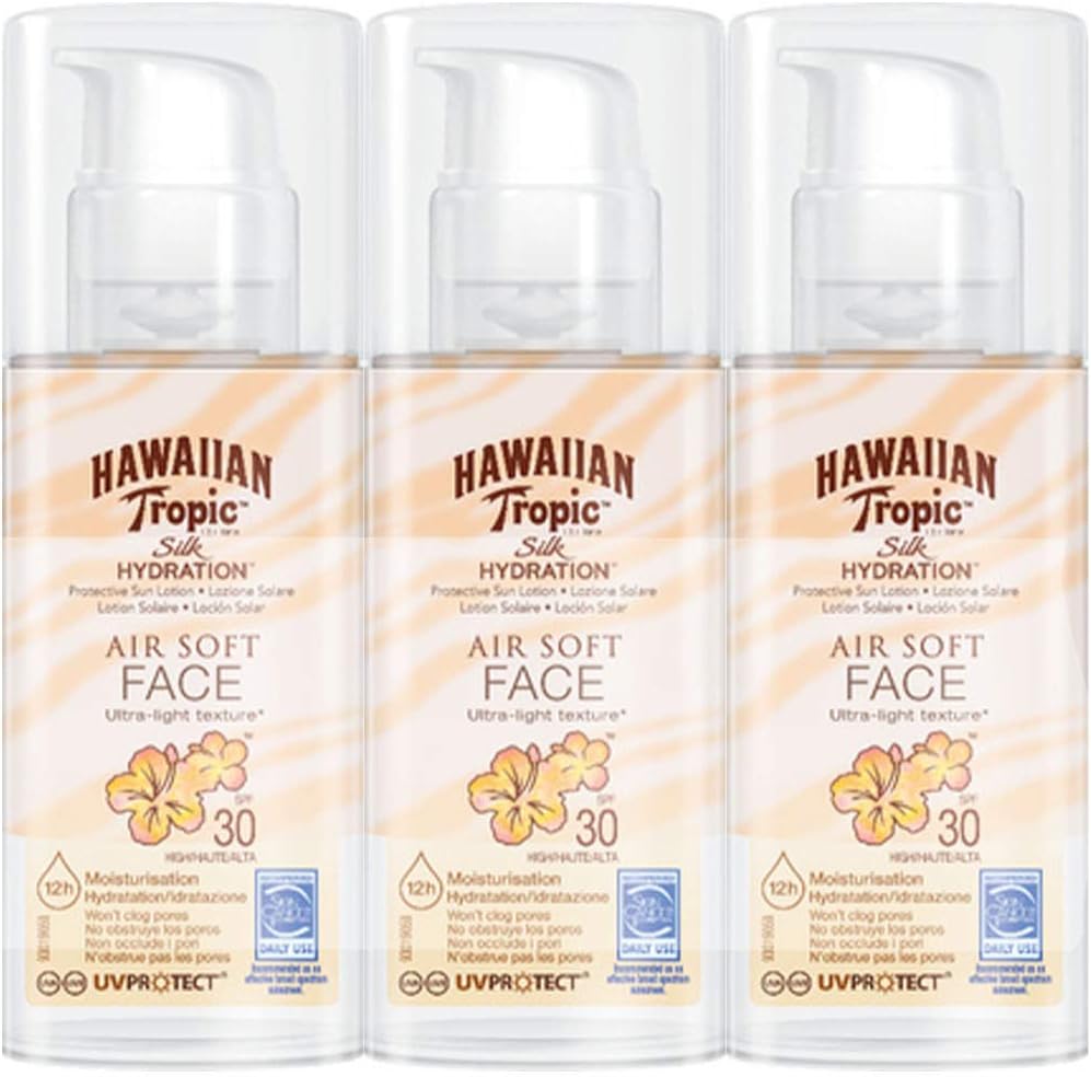 Hawaiian Tropic Silk Hydration Air Soft Face Protective Sunscreen SPF 30, 50ml - 3 units, 50 ml (Pack of 3)