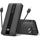Coowisty Portable Charger with Wall Plug, Fast Charging Power Bank Built-in Cables, Slim 10500mAh 22.5W 4 Outputs 3 Inputs LED Display External Battery Pack Compatible with iPhone/Android (Black)