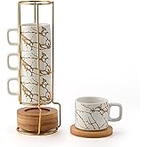 LUKA Porcelain Espresso Cup with Saucer and Metal Stand, 4 Ounce Stackable Ceramic Demitasse Espresso Mugs Cups Set for Latte,Coffee,Cafe Mocha,Tea(Set of 4),Marbling White