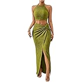 BEAUDRM Women's 2 Pieces Outfit Textured Halter Crop Top and Twist Front Split Thigh Maxi Skirt Set