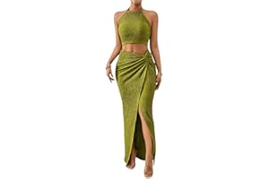 BEAUDRM Women's 2 Pieces Outfit Textured Halter Crop Top and Twist Front Split Thigh Maxi Skirt Set