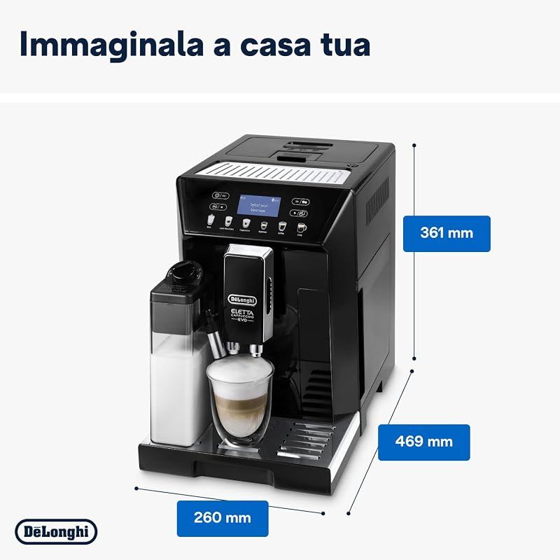 Eletta Cappuccino Evo ECAM46.860.B, Macchina Caffè Automatica con Montalatte Automatico, Espresso e Cappuccino One-Touch, 6 Ricette Preimpostate, Schermo LCD, Nero