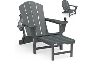 Mdeam Folding Adirondack Chair with Retractable Ottoman, HDPE All-Weather Fire Pit Chair with 2 Cup Holders, Outdoor Chair for Deck Patio Garden Backyard Lawn (Grey)