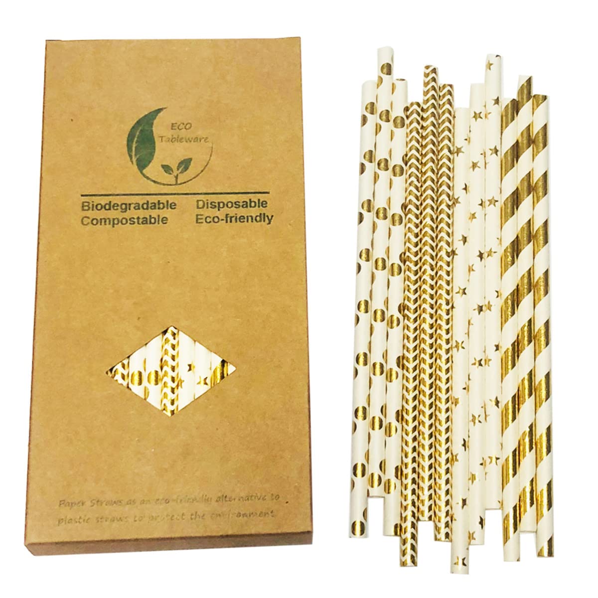 YYECO Biodegradable Gold Paper Drinking Straws, Disposable Foil Straw - Striped/Wave/Heart/Star Design for Birthday, Party Supplies and Wedding
