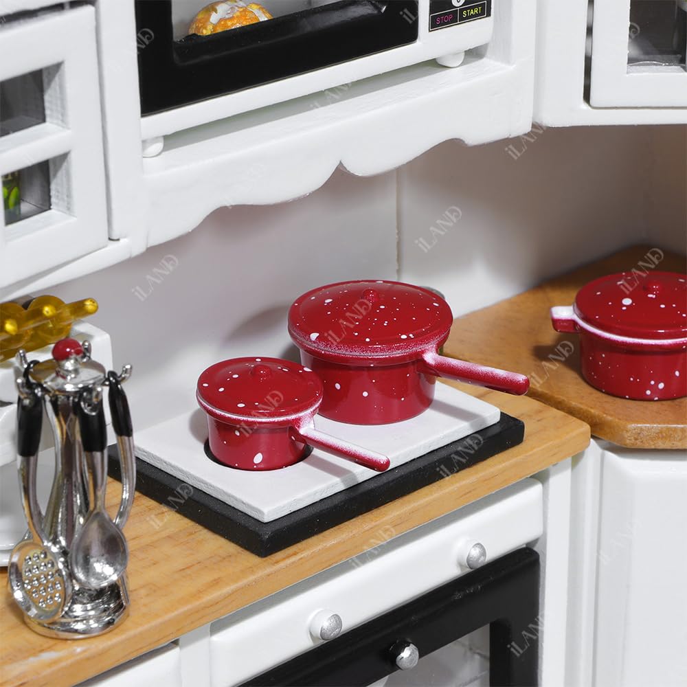 iLAND 1/12 Scale Accessories of Dollhouse Kitchen, Dollhouse Miniatures Cooking Set, Mini Metal Pots & Pans & Turners w/Stand