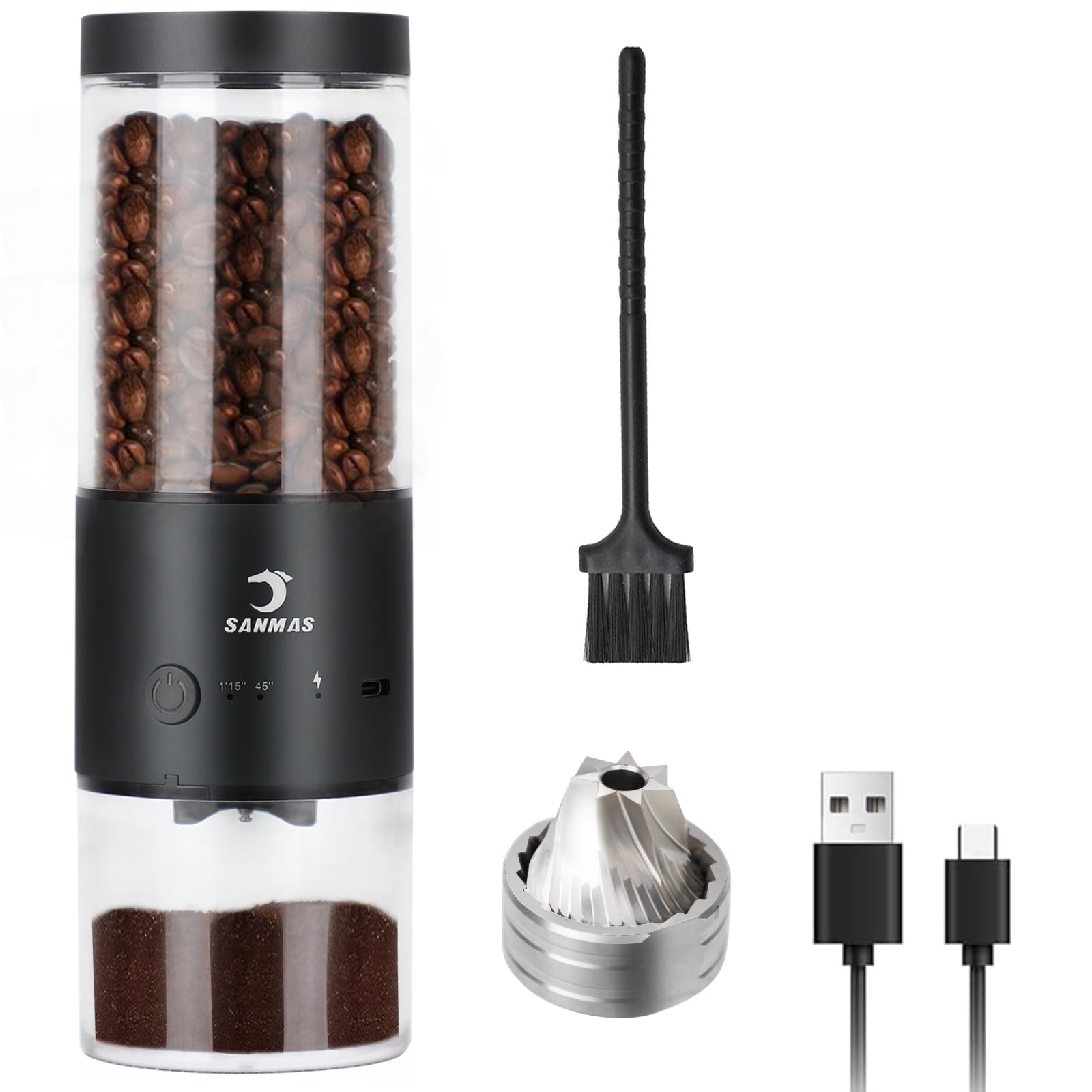 SANMAS Electric Burr Coffee Grinder with Stainless Steel Grinding Core, Rechargeable Coffee Beans Mil Grinder with 80 Grind Settings from Fine to Coarse for Espresso, Portable for Camping Travel