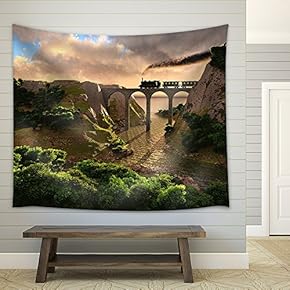 Old Steam Train Crossing a Bridge Over Sunset Background (3D) - Fabric Wall Tapestry Home Decor - 51x60 inches