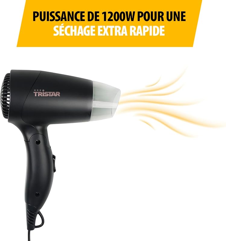 Sèche-cheveux de voyage - Poignée pliable - Taille compacte - Puissance forte de 1200 Watt - Noir - HD-2460