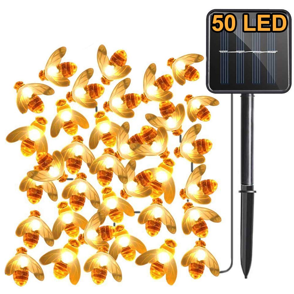 Solar Garden Lights, Upgrade 50LED Bee, 23Ft / 7M 8 Modes String Light, IP65 Waterproof Outdoor Lighting, Solar Powered Lighting for Home, Patio, Fence, Party, Christmas, Decorative Tree (Warm White)