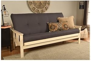 HomeStock Timeless Tradition Full Size Futon Frame Set in Antique White Finish with Mattress, Easily Converts to Bed, 33" H x 79" L x 37" D Twill Gray/Without Storage Drawers