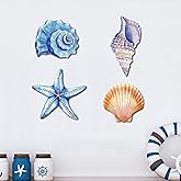 Pursuestar 4Pcs Wooden Beach Wall Decor, Hanging Seashell Starfish Rustic Ocean Coastal Holiday Theme Wall Art Gifts for Bathroom Living Room Bedroom Office