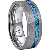 TUTISS 8mm Hammered Tungsten Rings for Men Women Engagement Wedding Bands Geunine Blue Opal Inlay Matte Finish Comfort Fit