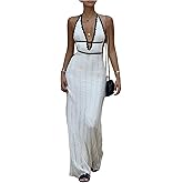 SOLY HUX Women's Tie Backless Maxi Halter Dress Deep V Neck Sleeveless Knit Elegant Dresses
