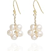 14K Gold Plated Handmade Wire Craft Cultured Pearls Flower Dangling Drop Earrings, Sterling Silver Hooks