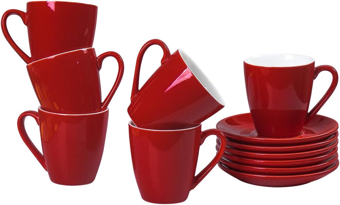 Coffee Mugs Set Of 6 With Handle Saucers Also Fit For Tea or Chocolate (Red 190ML)