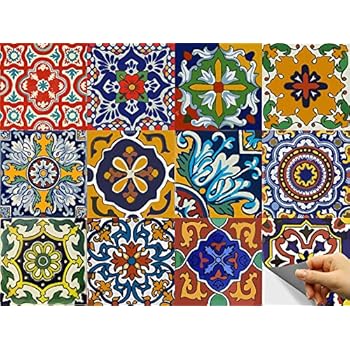 Bleucoin Mexican Talavera Peel and Stick Tile Stickers for Kitchen backsplash Bathroom Floor Tile Waterproof Oil Proof Removable Decals, DIY Murals (12, 4