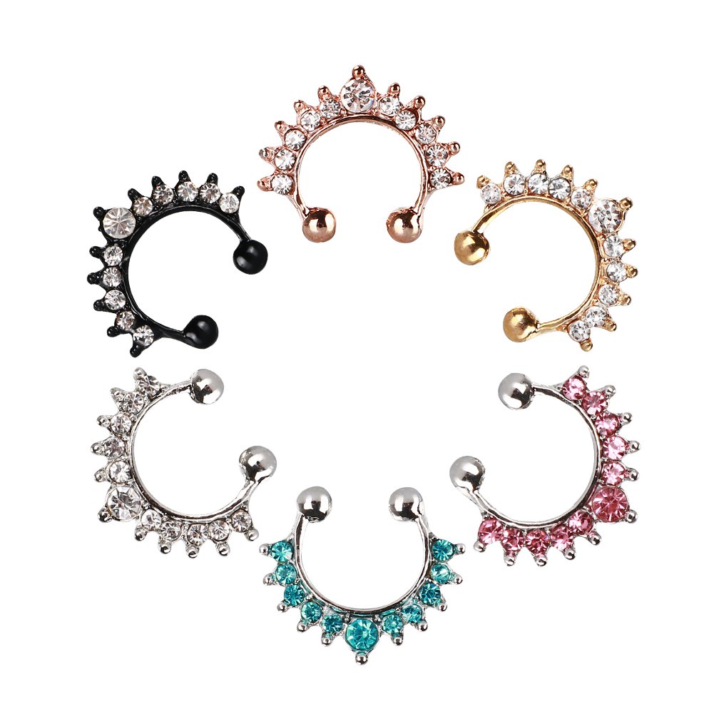 Septum Fake Nose Ring , 6PCS Women Crystal Faux Nose Rings Non-Piercing Jewelry Clip On Clicker Black/White/Gold/Rose Gold- Gift Choice (6PCS)
