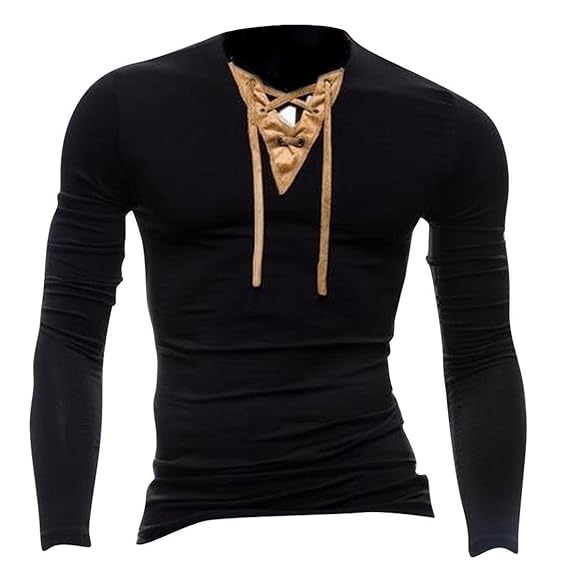 Jeansian Men's Slim Fit Long Sleeves V Neck Casual Henleys T-Shirts Tee D507 Black S