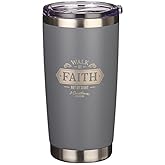 Christian Art Gifts Stainless Steel Double Wall Vacuum Insulated Travel Mug 18 oz Gray Bible Verse Tumbler with Retractable Lid for Men & Women - Walk by Faith - 2 Corinthian 5:7