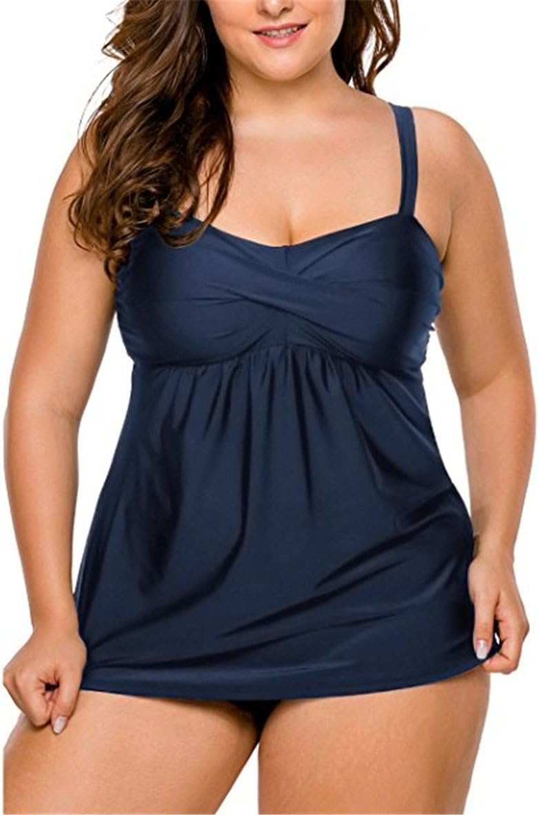 DRAGON VINES Women's Solid Ruched Tankini Top Swimsuit with Triangle Briefs Plus Size XL 2XL 3XL (3XL, Tibetan Blue)