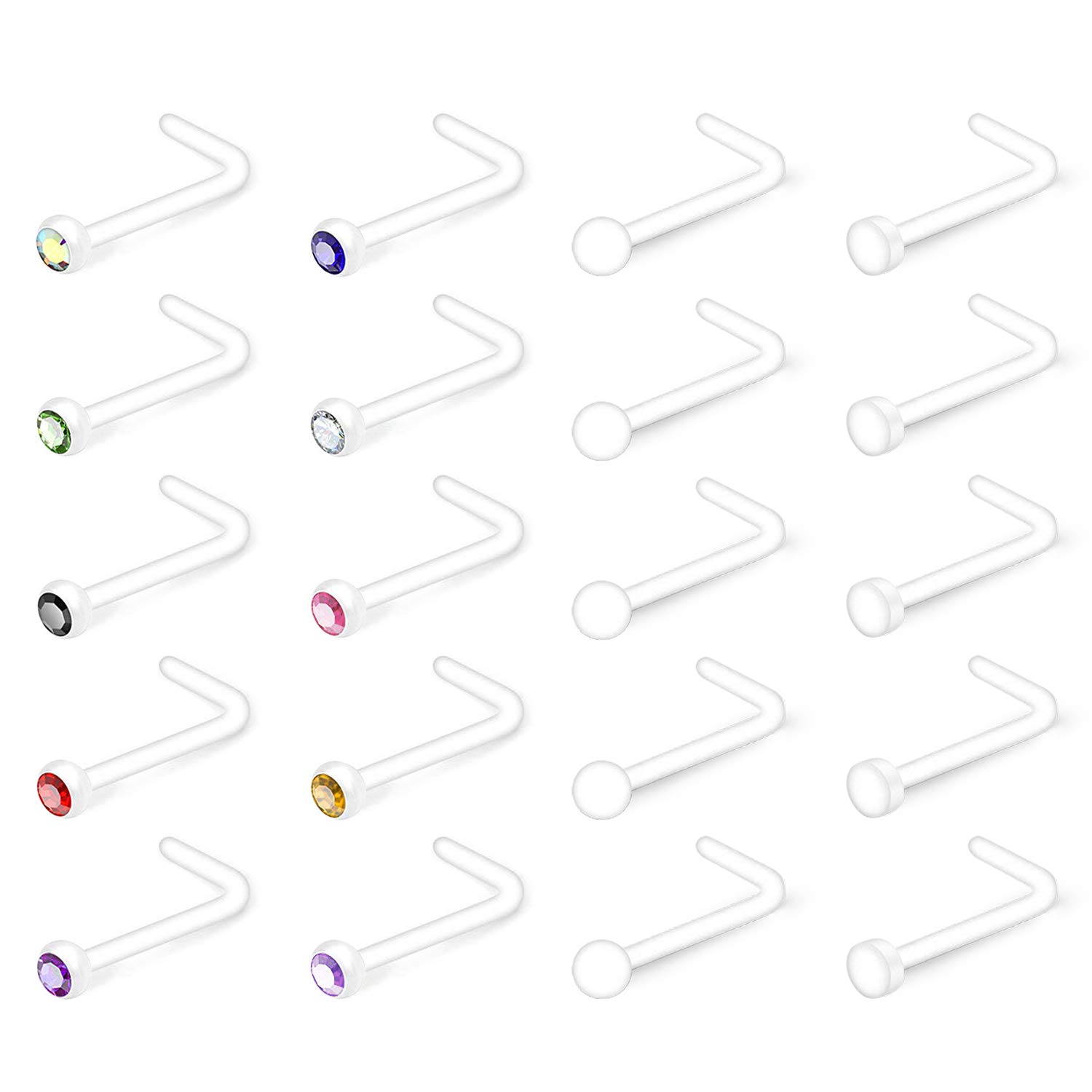 Mayhoop 20 Pcs 20G Clear Nose Studs Nose Retainer Flexible Plastic Acrylic for Women L Shape Nose Studs Colorful Crystal Nostril Piercing Body Piercing Jewelry Flat Round Top