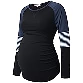 Bhome Long Sleeve Maternity T-Shirt Colorblock Baseball Tee Casual Pregnancy Tunic Top