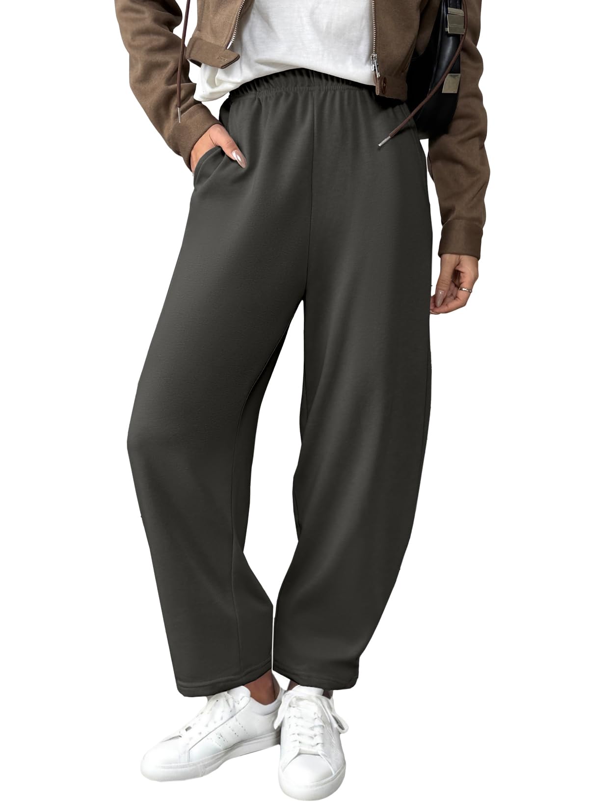 EVALESS Wide Leg Sweatpants Women Fall Clothes Casual Elastic High Waisted Baggy Pants Cropped Length Ballon Joggers with Pockets Carbon Grey X-Large