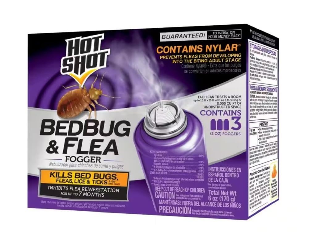 Hot Shot BedBug And Flea Fogger 3 Count-2 Ounce Cans, With Nylar, Inhibits Flea Reinfestation, 6 Pack