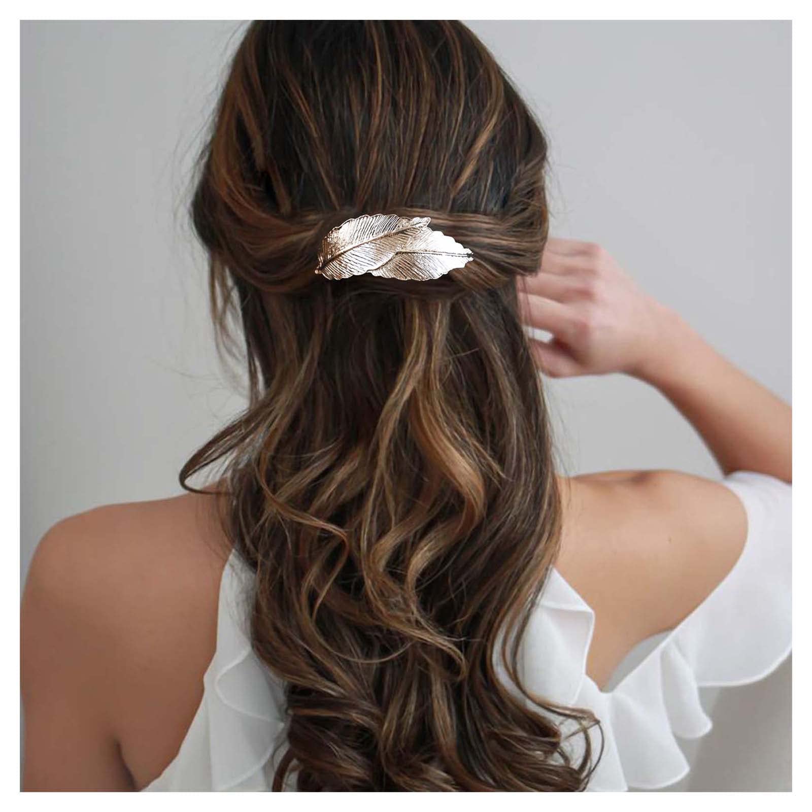Inilbran Vintage Gold Feather Hair Clip Barrette - Metal Leaf Head Clips Decorative French Hair Accessories for Women and Girls