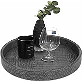 HofferRuffer Faux Leather Round Serving Tray, Vegan Croco Leather Decorative Tray, Food Tray for Storage Drinks, Snack & Cosmetics, Dia.12'' x 1.6'' (Dark Grey)
