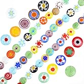 PONABEADIY 1 Box 256PCS 6MM Flat Round Flower Glass Beads with Holes Lampwork Floral Evil Eye Mixed Color Small Handmade Spacer Bead Charm Bulk for Jewelry Making Necklace Bracelet DIY Craft Supply