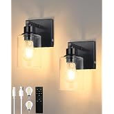 Wireless Battery Operated Wall Sconce Set of Two with Remote Control | Black Dimmable Rechargeable Wall Lights with Timer, Easy Install Clear Glass Lamp for Living Room Bedroom, Emergency 3000K