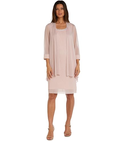 R&M Richards Women's Flyaway Chiffon Jacket & Shift Lace Glitter Dress W/ Beaded Neckline