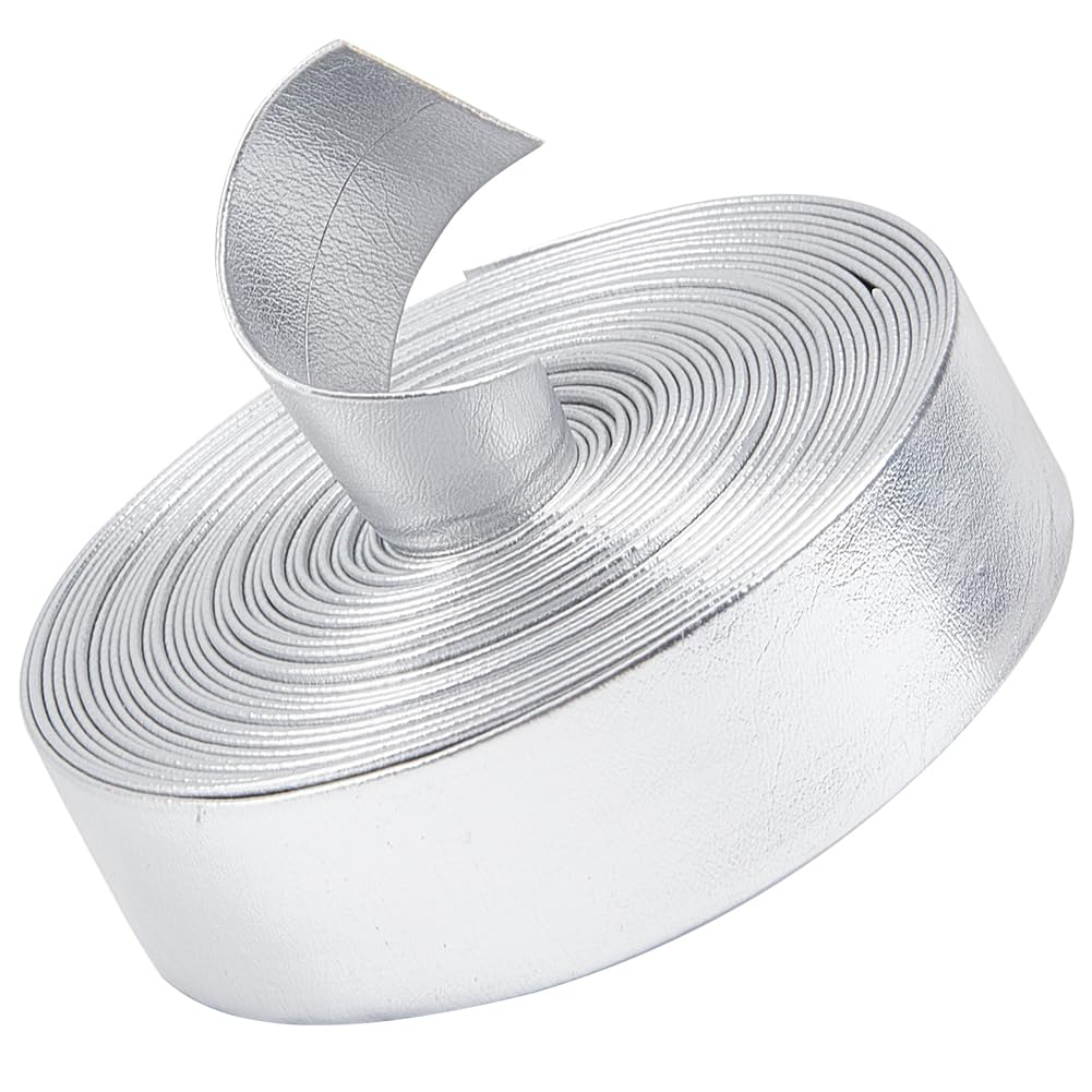 GORGECRAFT 5m 20mm Wide Silver Metallic Leather Strips Shiny Leather Strap Double Sided Imitation Leather Cord Rope Beading String Threads Rope for Belt Necklace Bracelet Jewelry Making