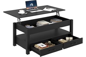 Rolanstar Coffee Table, Lift Top Coffee Table with Drawers and Hidden Compartment, Retro Central Table with Wooden Lift Table
