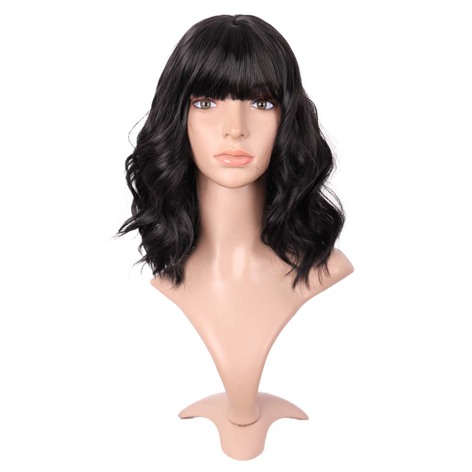 MapofBeauty 14 Inch/35cm Fresh Flat Bangs Short Curly Hair Ordinary Wig (Black)