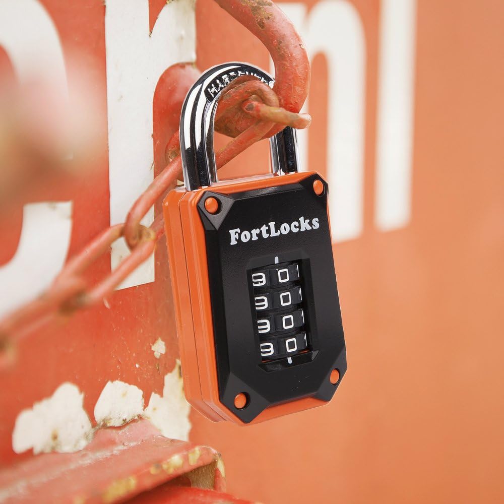 2 Pack FortLocks Gym Locker Lock - 4 Digit, Heavy Duty, Hardened Stainless Steel, Weatherproof and Outdoor Combination Padlock - Easy to Read Numbers - Resettable and Cut Proof Combo Code - Orange - - 